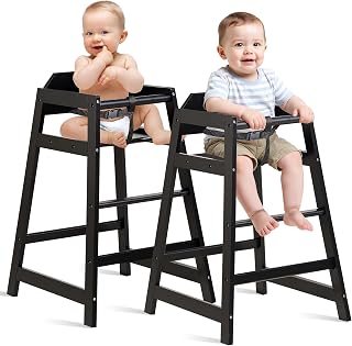 2 Pack Stackable Wooden High Chairs Babies Toddlers Restaurant Style Durable Pine Wood Easy Clean Black