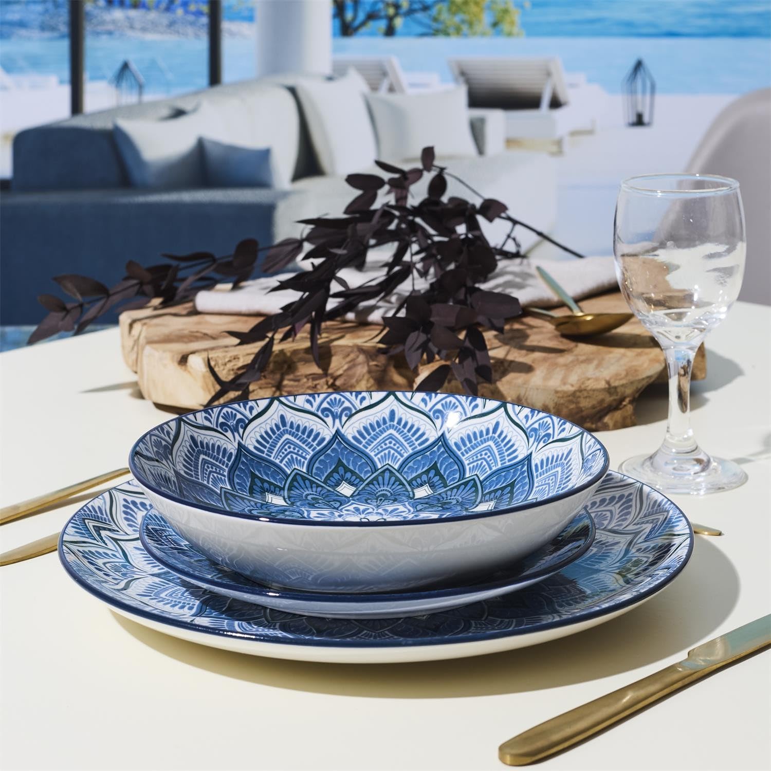 Indi - Juego de vajilla (12 piezas, porcelana, 4 unidades, 27 cm, 4 platos de postre de 19 cm, 4 platos hondos de 20 cm, diseño de mandala, oriental, elegante y moderno)