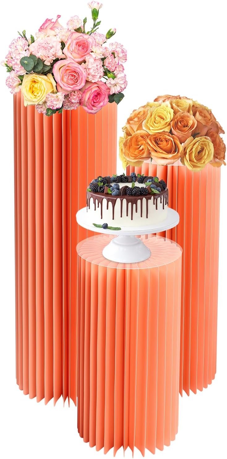 DYNAMI 3Pcs Cylinder Pedestal Stands for Parties,Foldable Cardboard Centerpiece Display,Wedding Centerpieces Cardboard Vases w/ PVC Panel,for Engagement Birthday Party Decoration (23.6+31.5+39.4 in Tall,w/pearlescent)