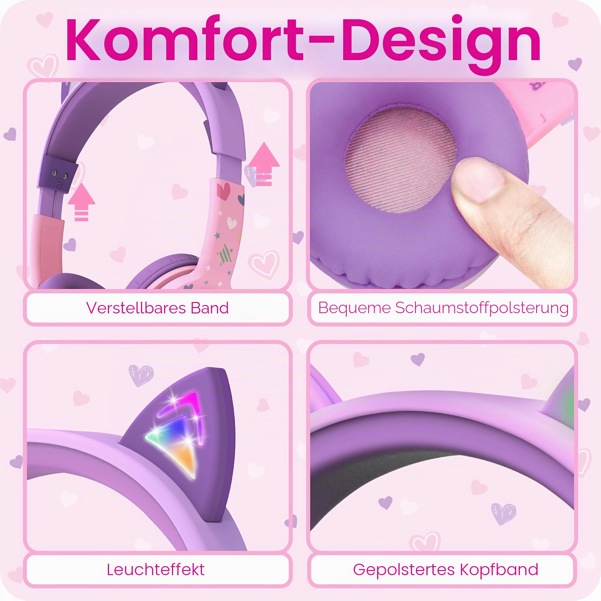FosPower Bedrade 3.5mm Kinderkopfhörer mit LED Katzenohren - Babyblau | Kompatibel mit iPad und Tablet. On-Ear Kopfhörer mit Trasselfri Kabel und 85dB Volymbegränsning für Schule, Rosa Lavendel