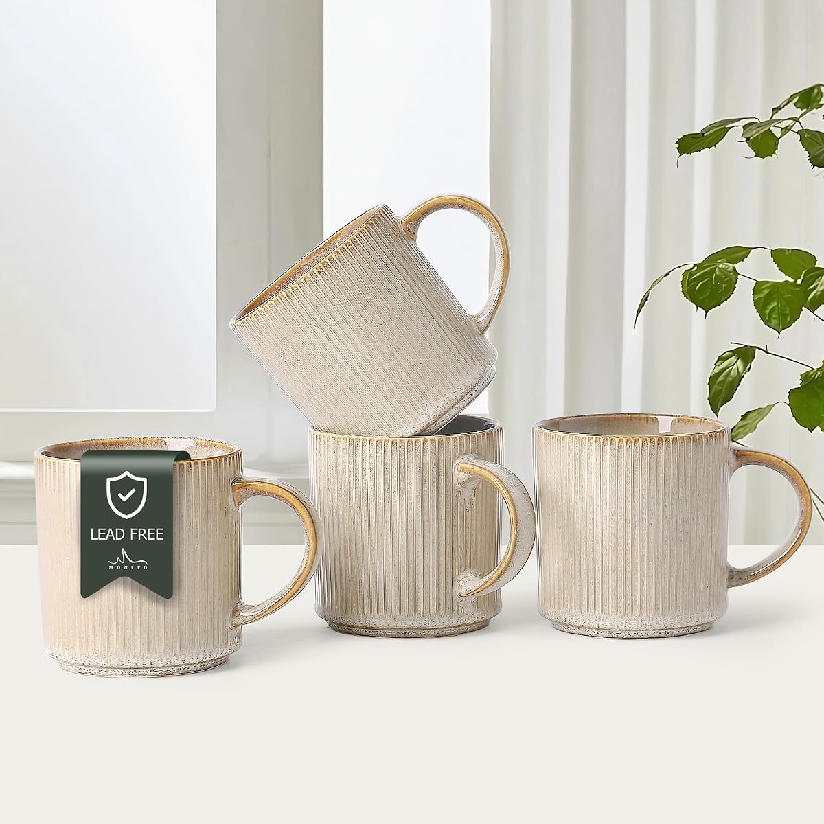 MONITO 16Oz Coffee Mugs Set of 4, Rustic Ceramic Coffee Cup Set with Handle | Vintage Striped Stoneware Large Coffee Mugs for Latte, Cocoa, Tea, Milk, Microwave & Dishwasher Safe, Bonbon Beige