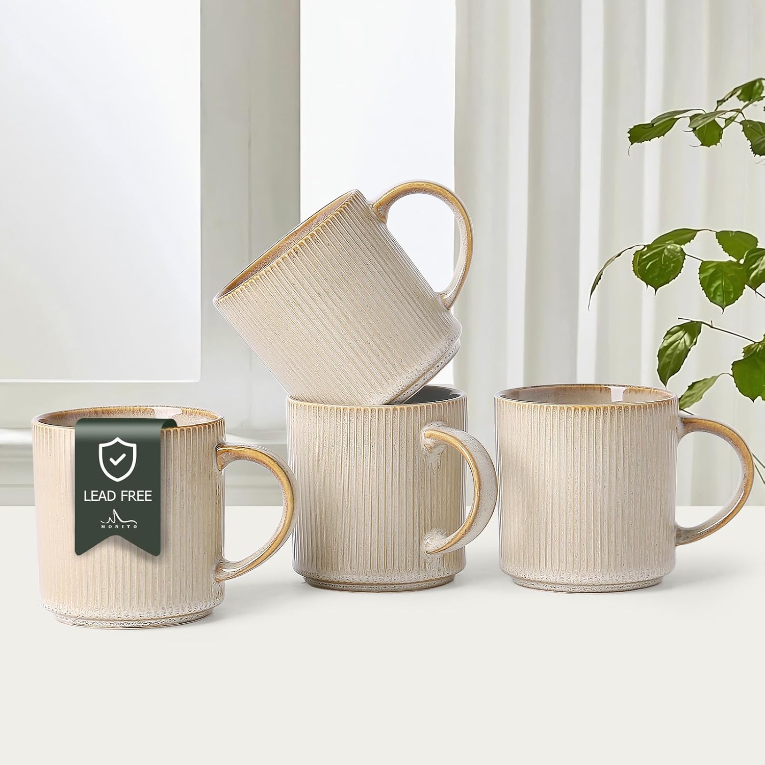 MONITO Coffee Mugs Set of 4 showing beige striped ceramic mugs