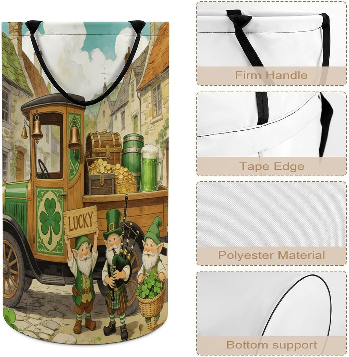Green Shamrock Gnomes Truck Laundry Hamper Portable Lightweight Clothes Hampers Fashion Dirty Laundry Storage Basket Large Capacity Foldable Clothes Baskets for Bathroom Bedroom