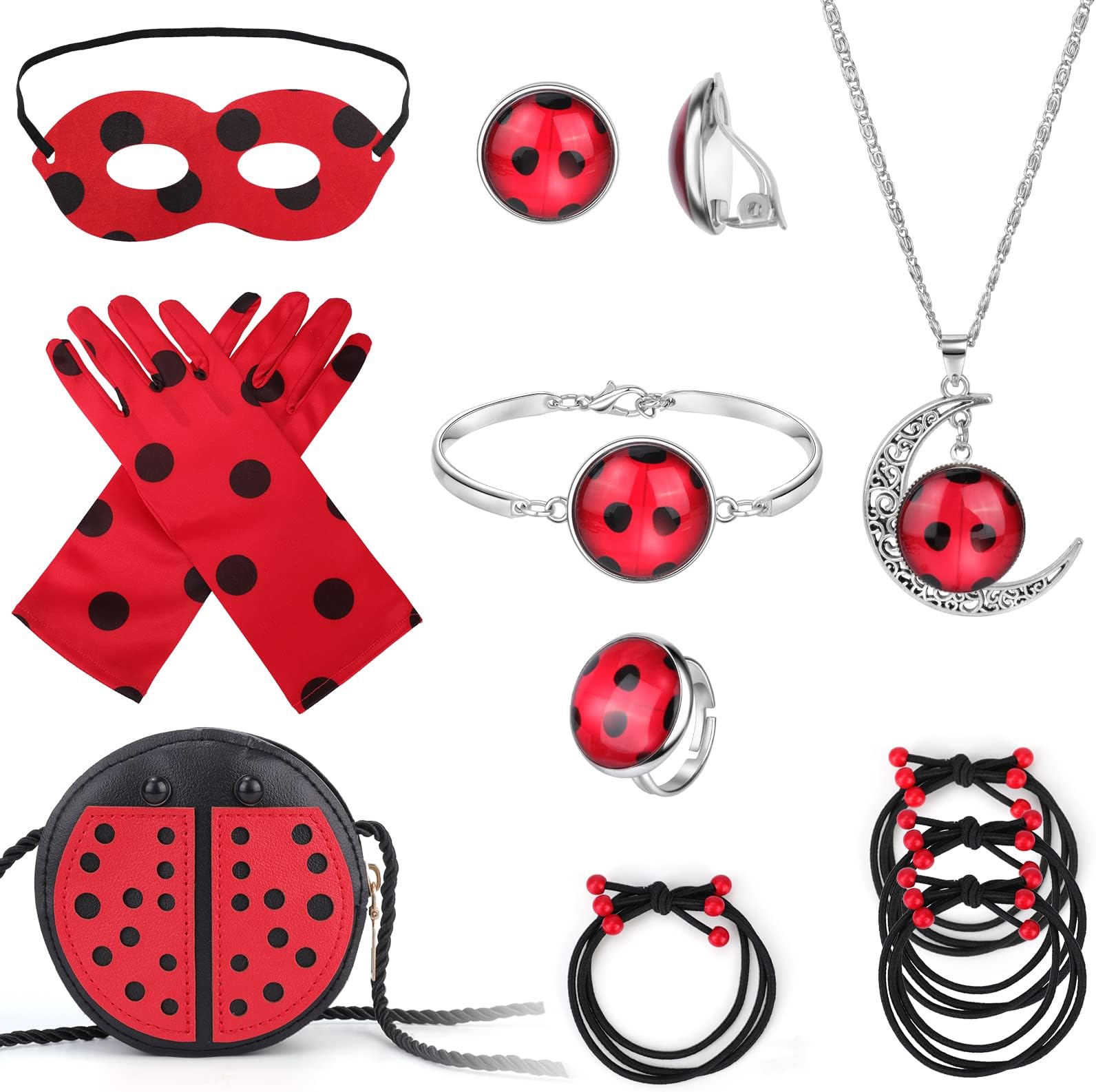 Hifot Ladybug Costume Accessories Set, Ladybug Gloves Mask Hair Bands Necklace Bracelet Ring Earring Dress Up Set, Pretend Play Red Black Polka Dots Birthday Gift Ladybug Party Supplies For Kids 5-8