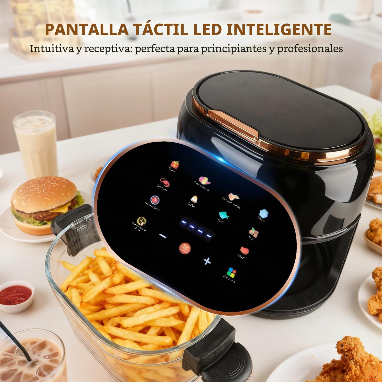 Freidora de aire 5L Airfryer, 9 en 1 con cesta de vidrio y pantalla LED | Con ventana de visualización, temporizador 24 h y cocción saludable con menos aceite, ideal para toda la familia