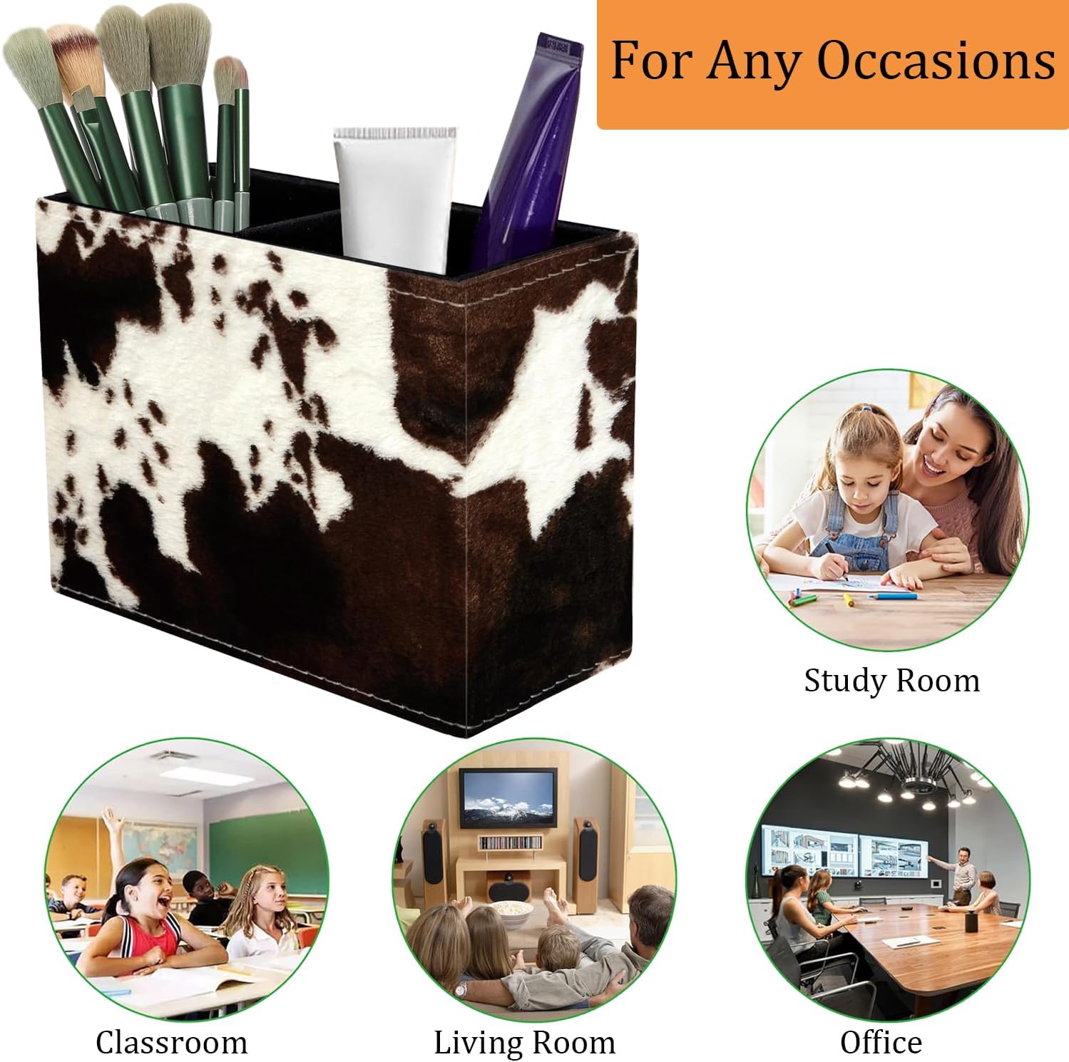 Cow Hide Print Pencil Holder for Desk, PU Leather Multifunctional Mobile Pen Holder Desktop Organizer Makeup Brush Holder for Classroom, Office and Home image 4