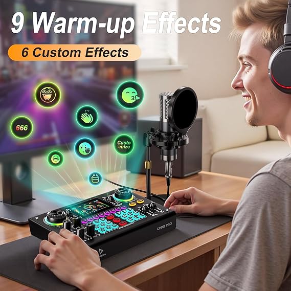 Audio Mixer Podcast Equipment Bundle Live Sound Card with P15 Microphone Voice Changer Sound Effects for PC Phone Tablet Streaming Gaming Recording, Noise Reduction C200PRO-P15(DISC)
