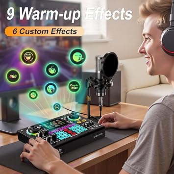 Audio Mixer Podcast Equipment Bundle Live Sound Card with P15 Microphone Voice Changer Sound Effects for PC Phone Tablet Streaming Gaming Recording, Noise Reduction C200PRO-P15(DISC)