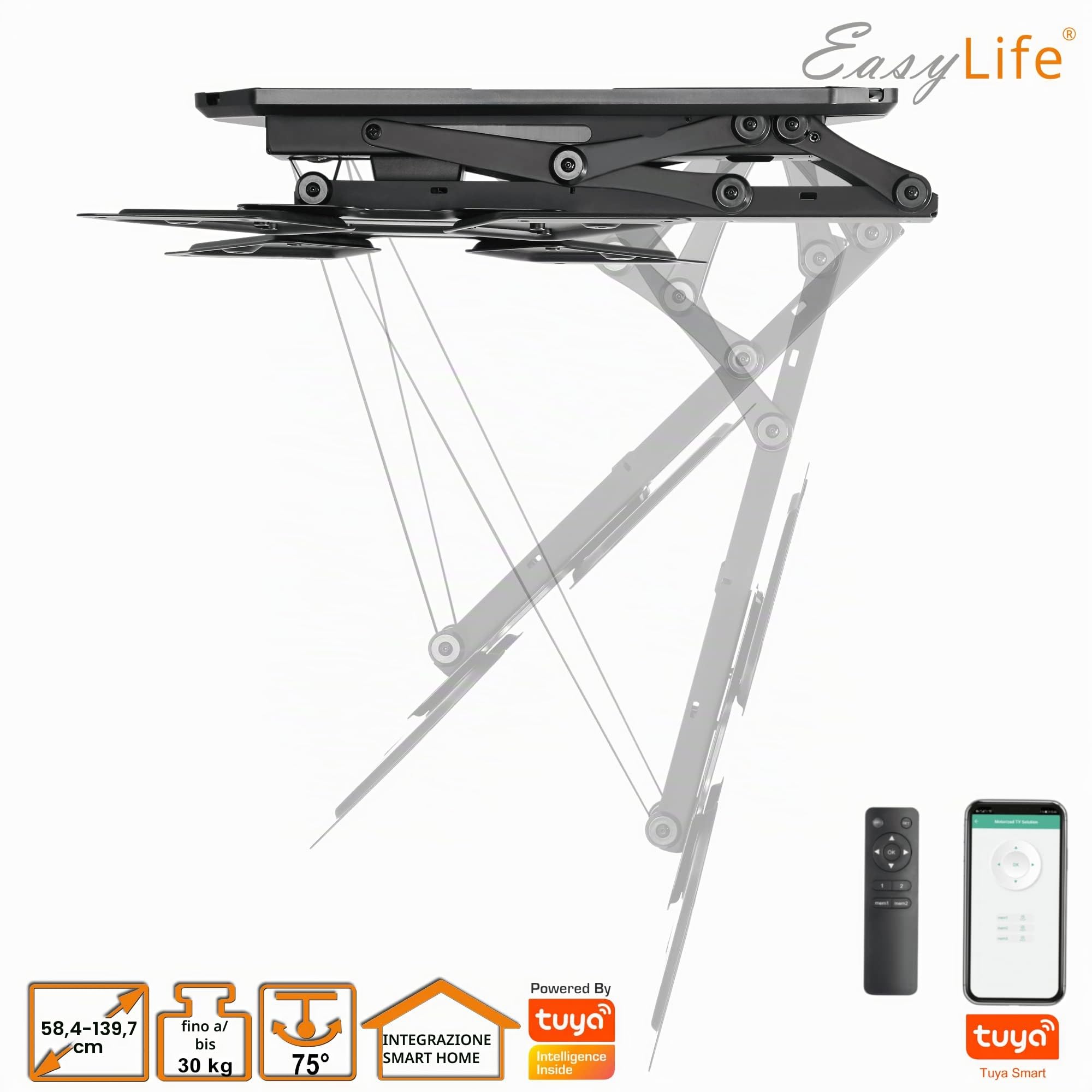 EasyLife Supporto da soffitto per TV girevole elettrico + integrazione Smart Home, staffa VESA fino a 400x400 per TV LCD/OLED, Monitor, Display, Smartboard, 23-55 pollici + 30 kg - Nero