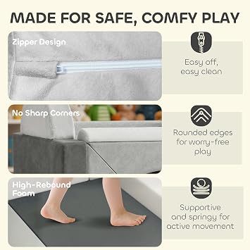 AIYAPLAY Soft Play Set Modular Kids Sofa Bed for Children 12 Pieces Grey | Playroom, Bedroom, Living Room, Children Convertible Sofa, for Boys and Girls