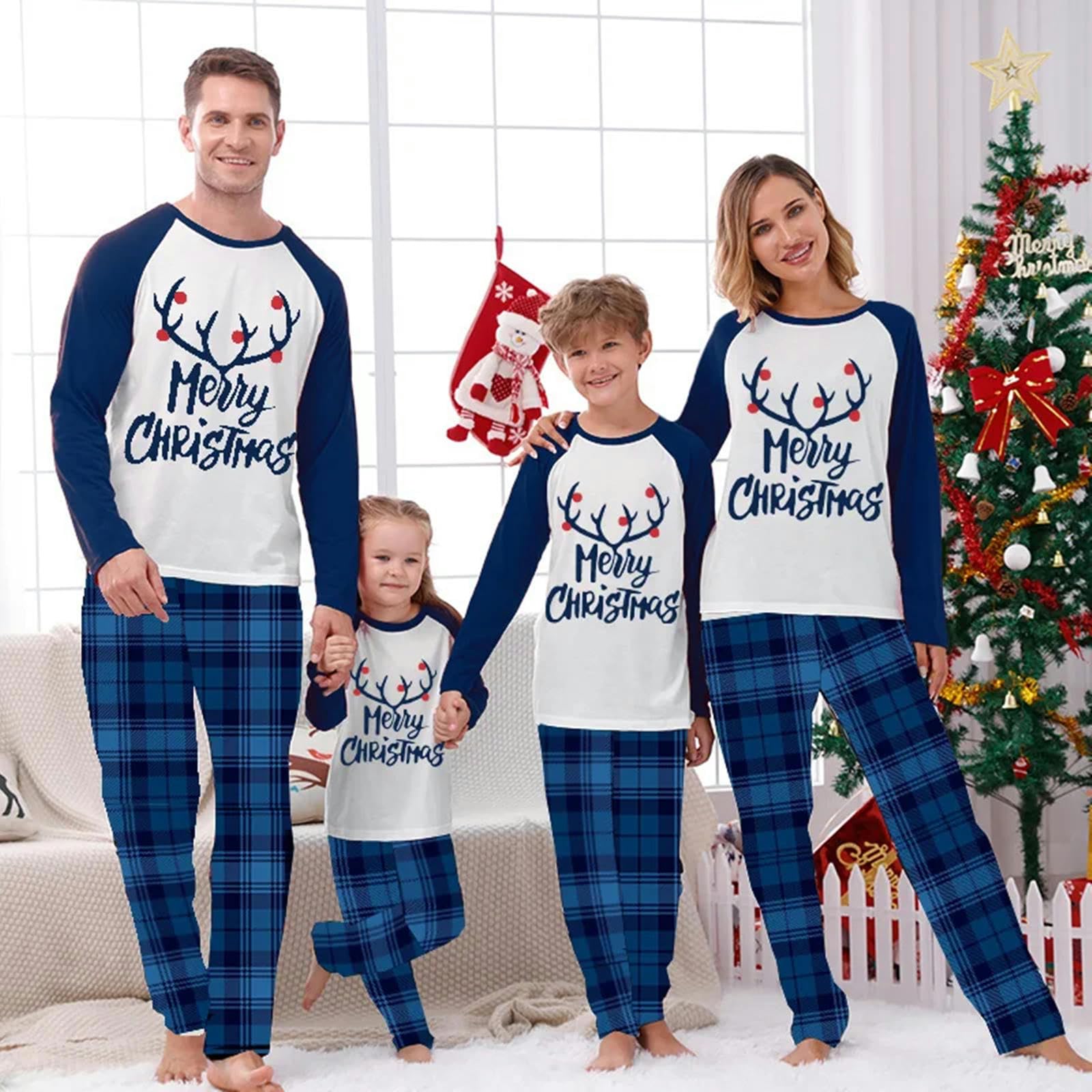 TEidea Pijama Mujer Invierno Pjs De Navidad para La Familia: Pajama Familiar A Cuadros Azul A Cuadros, Pijama Navideño