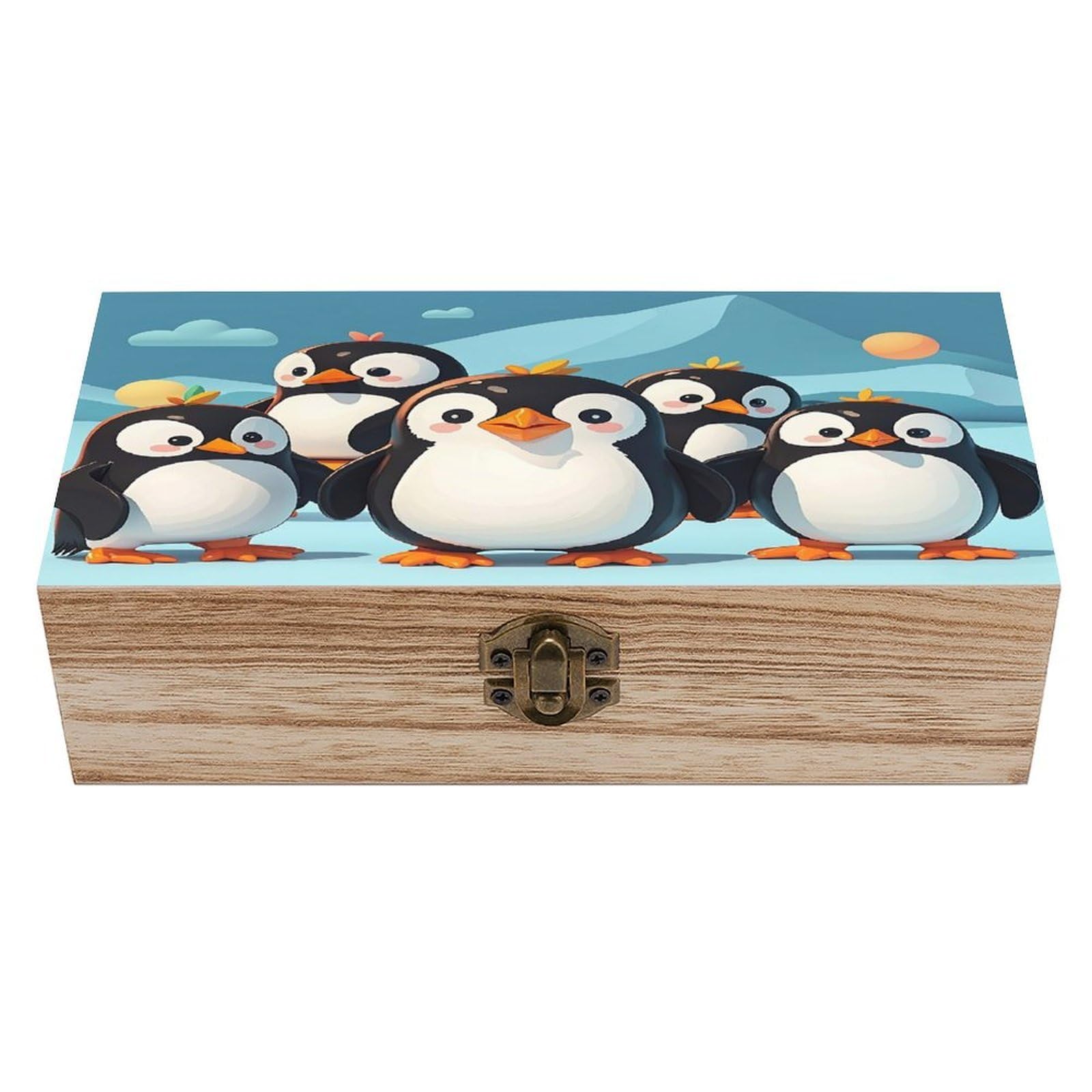 FekiLoot Cute Penguins Wooden Jewelry Box Personalized Wood Keepsake Box Large Decorative Wooden Storage Boxes with Hinged Lid Rustic Style Wood Jewelry Organizer for Desk Home Office