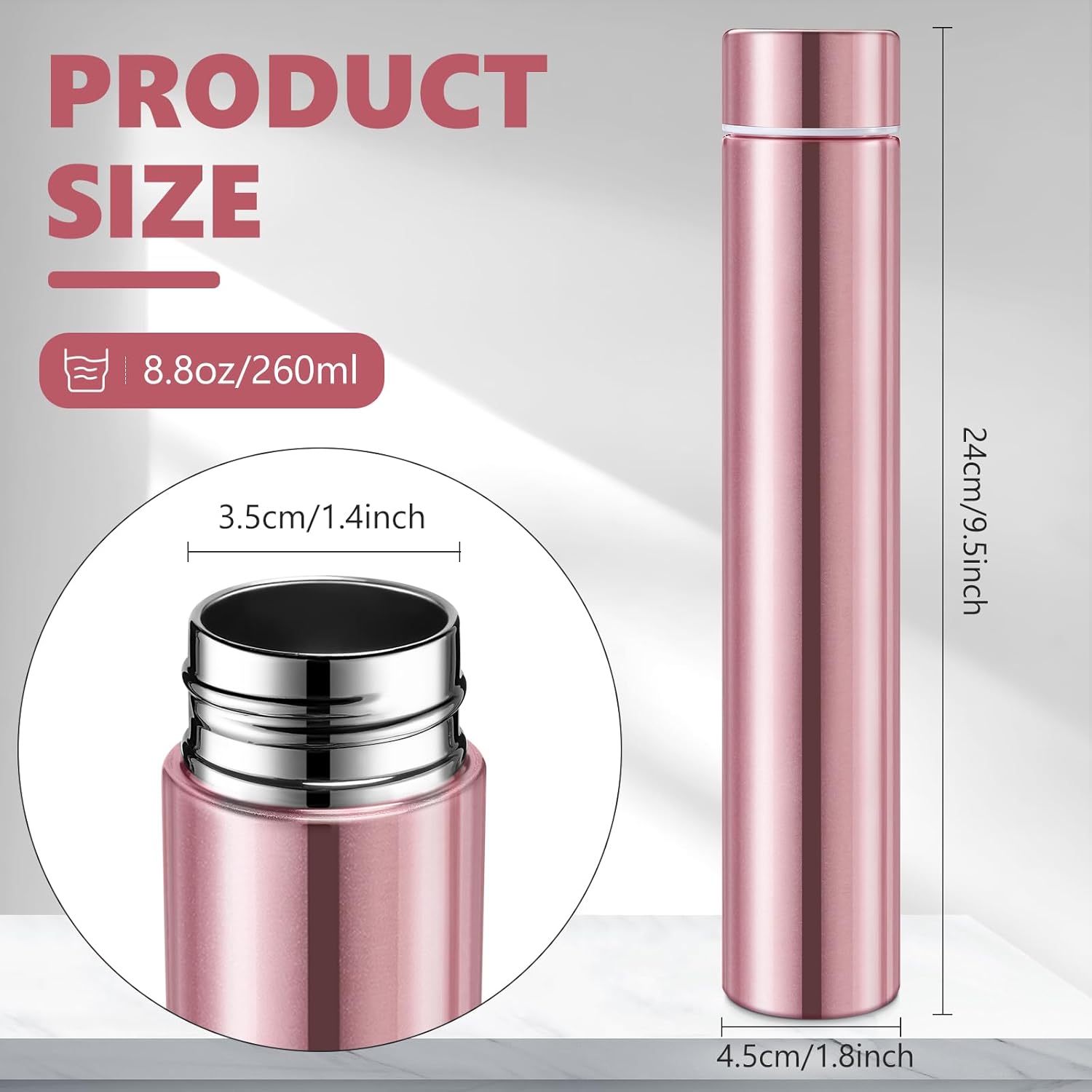 Vesici 1 Pack Slim Water Bottle 8.8 oz Small Stainless Steel Purse Compact Insulated Water Bottles Camping Travel Backpack Pocket Flask for Car Cold Coffee Tea (Rose Gold) - Image 2