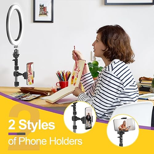 Miniatura 4 de EMART Anillo de luz de 10 pulgadas con trípode extensible de 55 pulgadas y soporte para teléfono, luz redonda LED regulable para cámara de selfies,