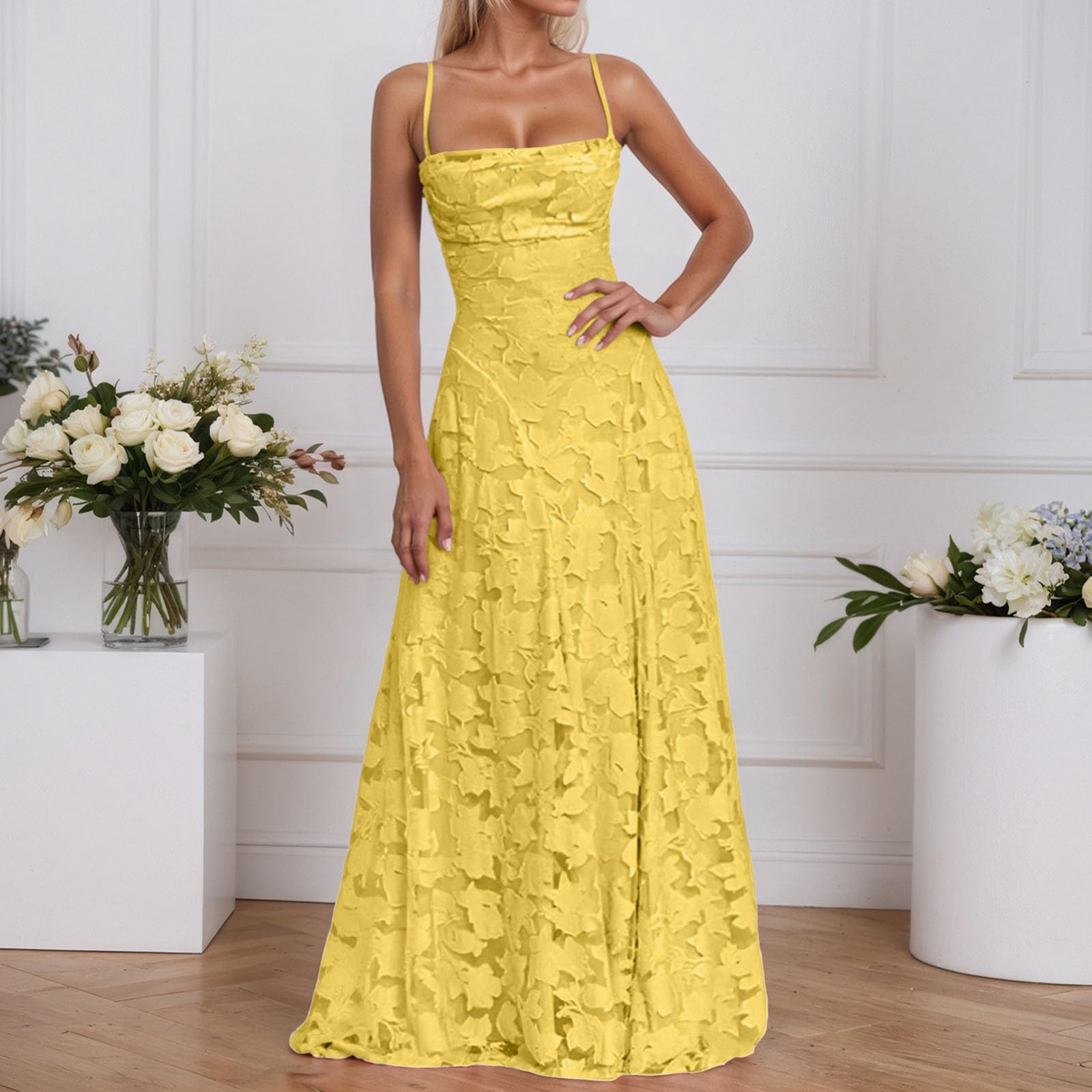 Genérico Vestido Boda Mujer Invitada de Encaje JacquardElegante Vestidos Corsé con Tirantes Delgados Espalda Descubierta Vestido Gasa para Mujer Vestidos Formal de Graduación