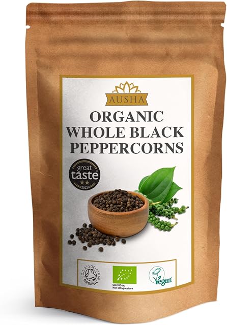Ausha Organic Tellicherry Black Peppercorns Whole 200g - Winner 2**Star GREAT TASTE AWARD 2022 - Tellicherry Garbled Extra Bold Variety