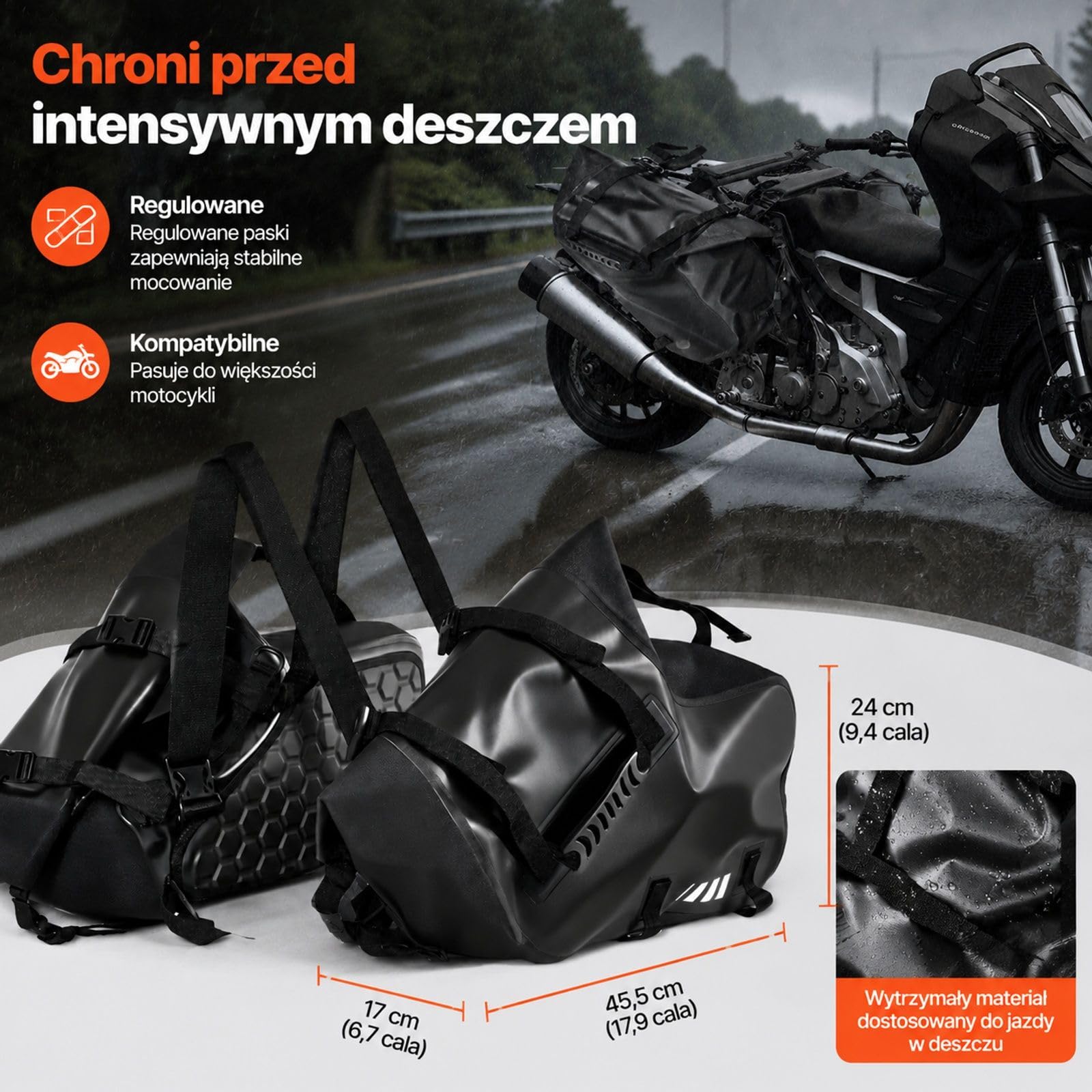 Zestaw 2 czarnych sakw motocyklowych po 14 l, 28 l łącznie, z PVC z matową siatką, dolnymi paskami montażowymi i miejscem na bagaż