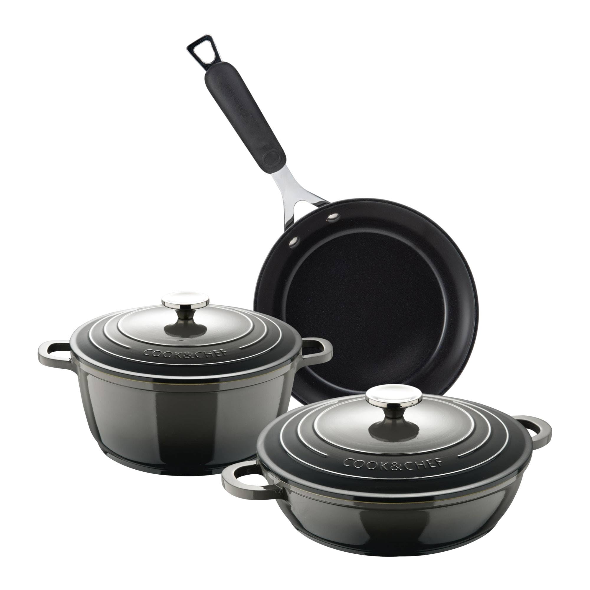 Juego de Cacerola de Ø20cm - 2,​4L y Cacerola baja de Ø24cm - 2,​3L en aluminio + Sartén Ø24cm aluminio forjado EXCALIBUR Bergner