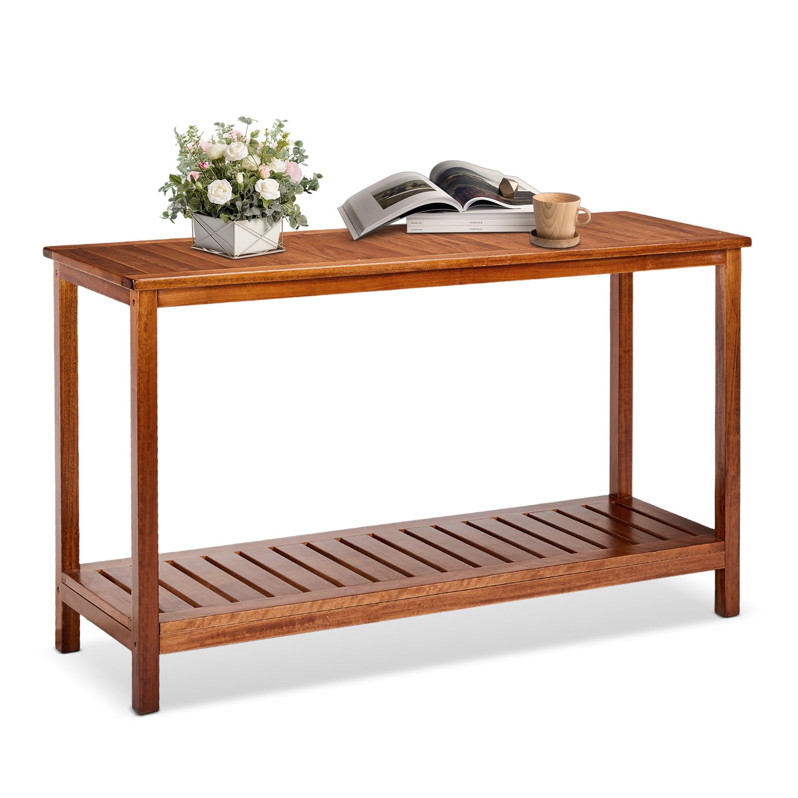 VINGLI 49in Solid Wood Outdoor Console Table, 2-Shelf Wooden Outdoor Accent Plant Table Multifunctional Buffet Bar Storage Organizer for Indoor Patio