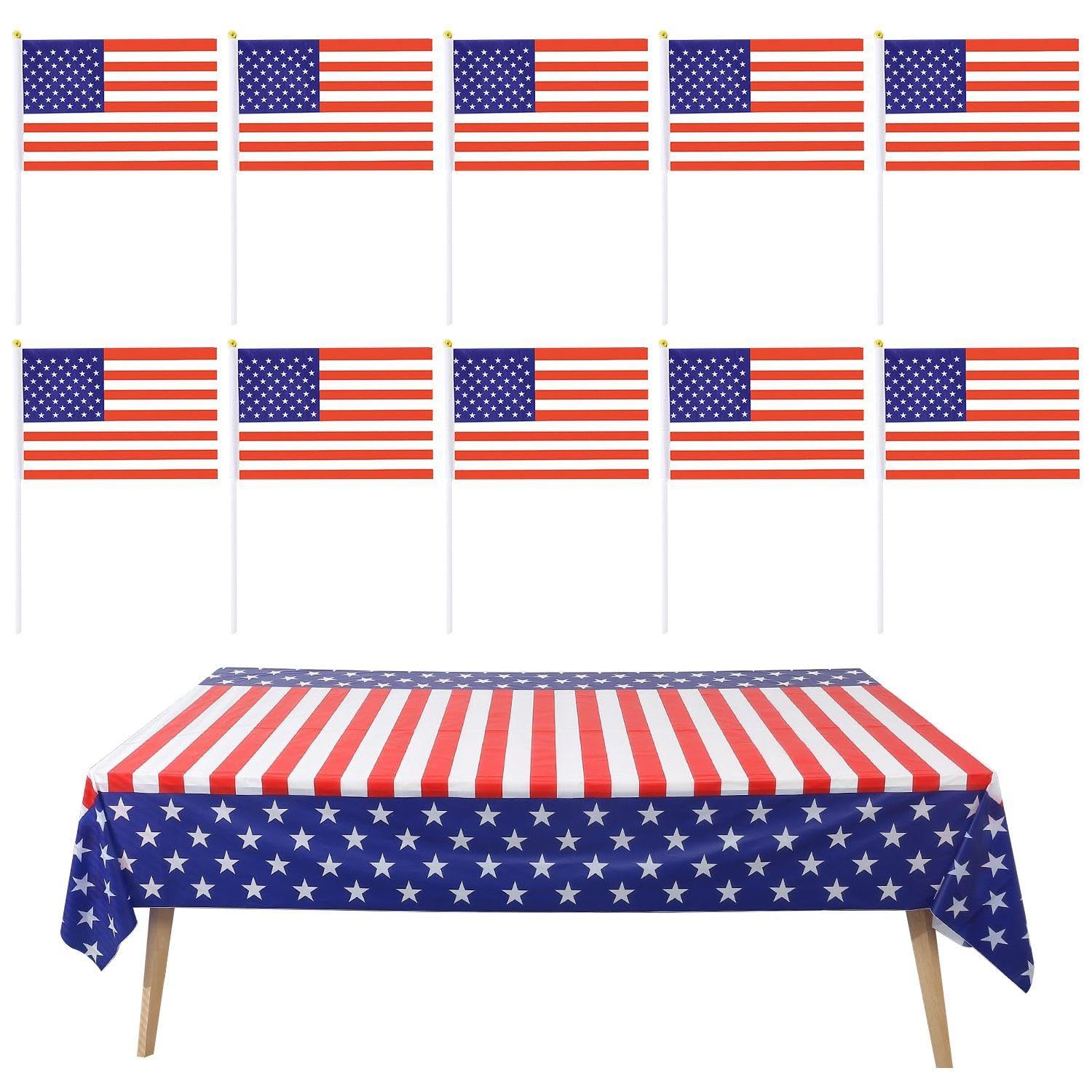 EJUFNS 1 Piece Of American Flag Tablecloth, 10 Pieces Of American Flag, Rectangular Party Tablecloth, Patriotic Theme Decoration, Independence Day Restaurant Decoration Supplies.
