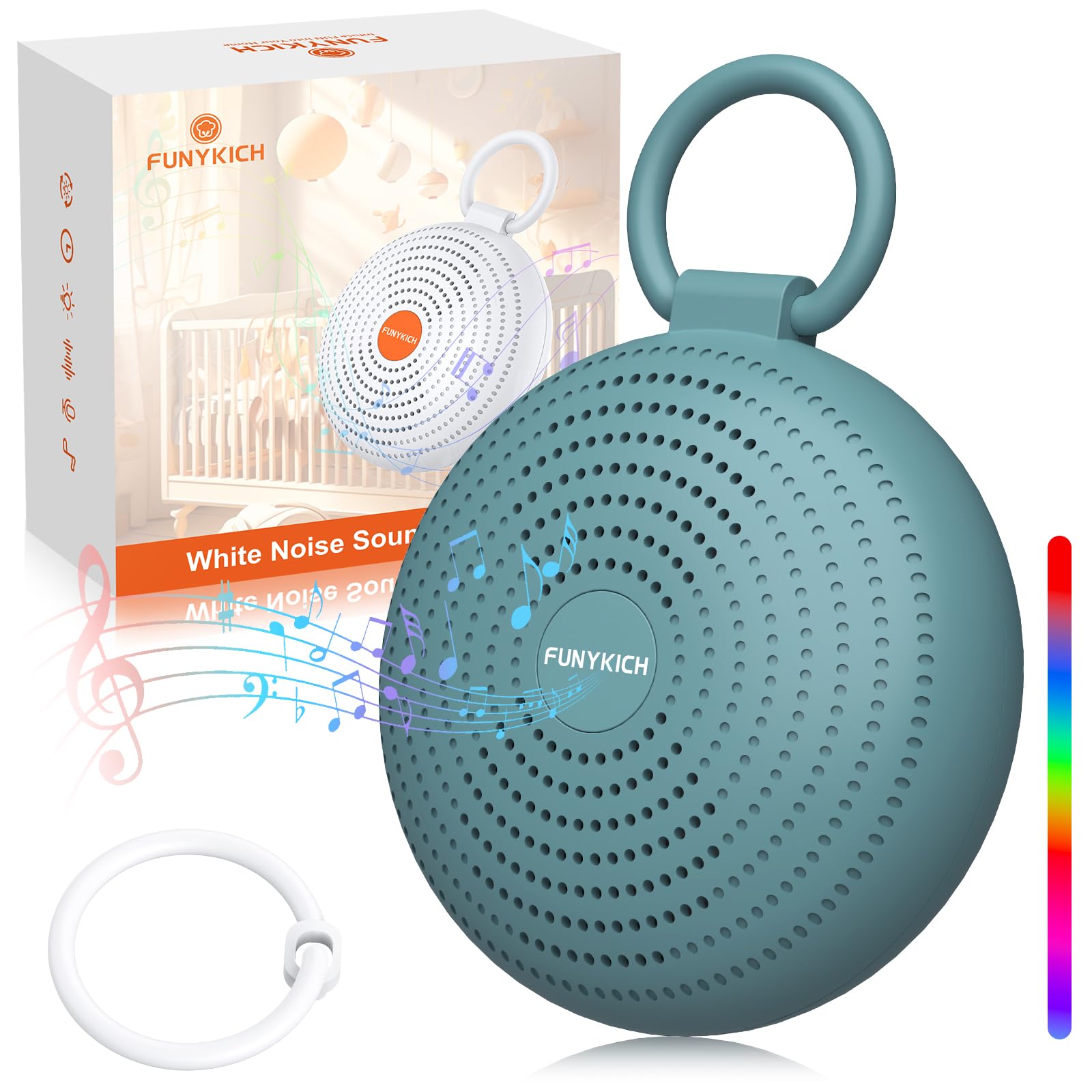 FUNYKICH White Noise Machine Baby, Tragbare Einschlafhilfe Weißes Rauschen für Erwachsene mit Aufnahmefunktion&Kabelloser Lautsprecher, Super Akku, 24 Beruhigende Klänge, 7 Bunte Licht, 3 Timer, Blau