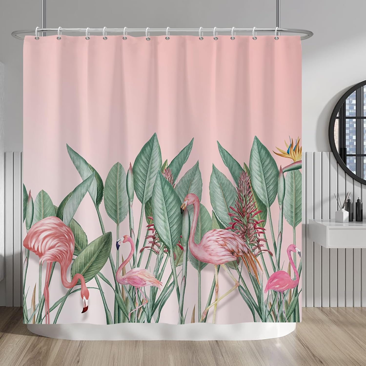 Baocicco Pink Flamingo Tropical Leaves Shower Curtain Green Plants Modern Watercolor Shower Curtains for Bathroom Home Bathtubs Waterproof Fabric Shower Curtain with Hooks 72x72 Inches
