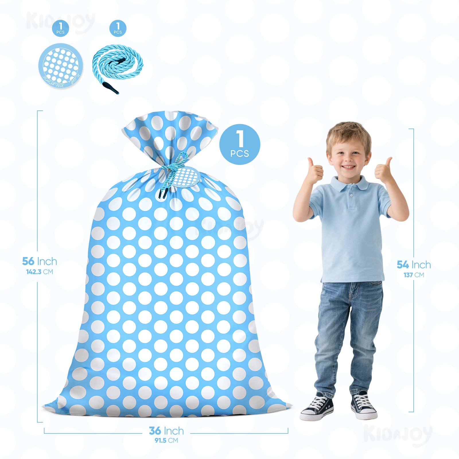 KIDAJOY Extra Large Blue Polka Dot Gift Bags Baby Shower Boys 36x56 Inch Jumbo Plastic Blue and White Gift Bag for Kids Newborn Holiday Happy Birthday Party Favor
