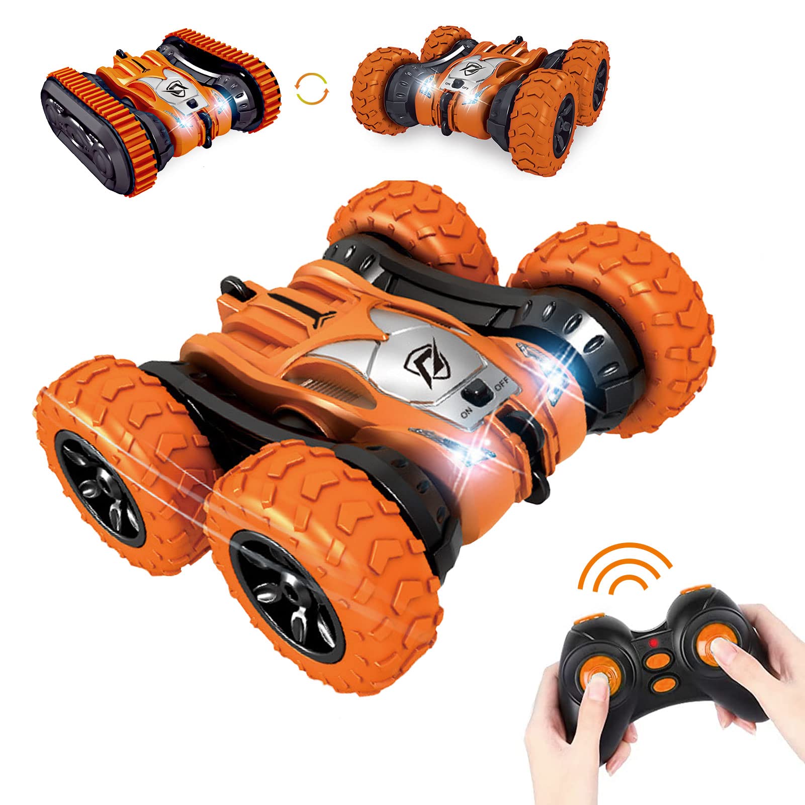Remote Control Car 2 in 1 Tire Switching RC Stunt Cars 4WD 2.4Ghz Double Sided Rotating Vehicles 360° Flips, Toys Car for 3+ Year Old Boys, Birthday Gift for Kids (Orange)