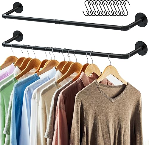 ERYTLLY Perchero industrial para ropa de tubería de 36.2 pulgadas, 2 juegos de varillas de hierro multiusos para montar en la pared, resistente y