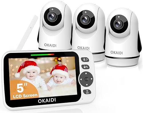 Miniatura 9 de OKAIDI - Monitor de bebé con video y 4 cámaras, monitor de bebé con pantalla de 5 pulgadas sin WiFi, batería de 30H y rango de 300 m, conversación