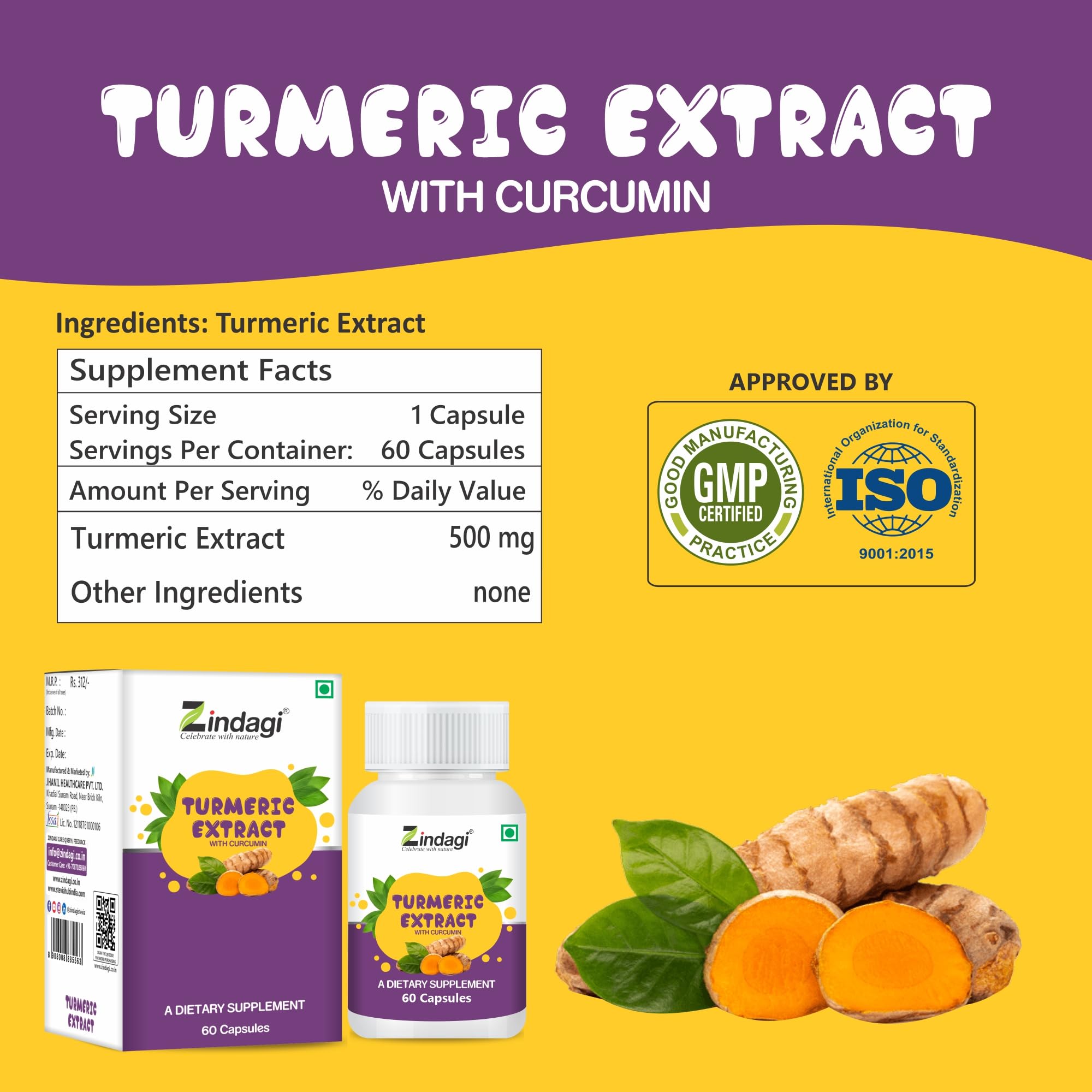 Zindagi Turmeric Extract Capsules With Curcumin - Maintain Healthy Joints - Powerful Antioxidant - 60 Capsules (Pack of 2) - Image 7 thumbnail