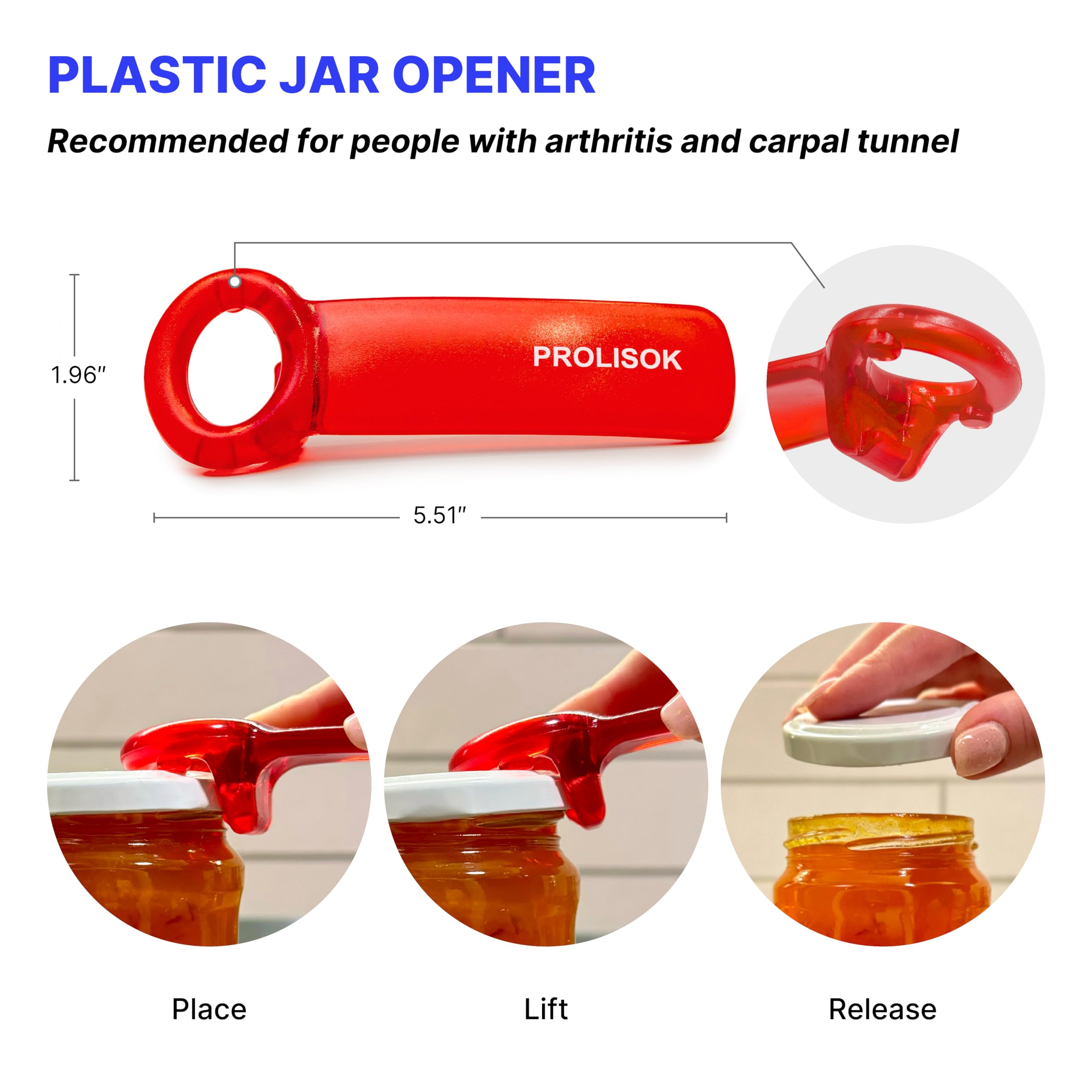PROLISOK Jar Opener for Seniors with Arthritis, Plastic Jar Lid Opener for Weak Hands, Jar Opener Tool 5.5 inch – Red