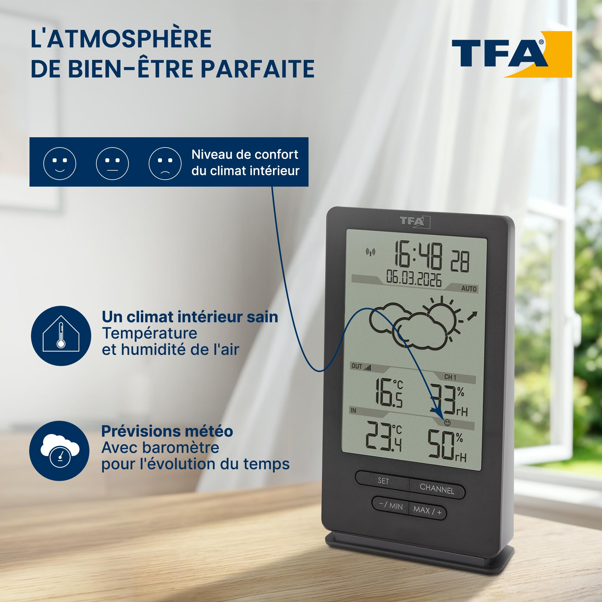TFA Dostmann Station météo sans fil Xena, 35.1162.10, température et humidité int./ext., avec prévisions météo, humidité dans maison, anthracite - 3