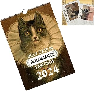 猫壁掛けカレンダー 2024年 ルネッサンス絵画カレンダー 2024年 面白いルネッサンス猫カレンダー 壁掛けカレンダー 12ヶ月の猫カレンダー ルネッサンスの醜い猫の写真付き (1個)