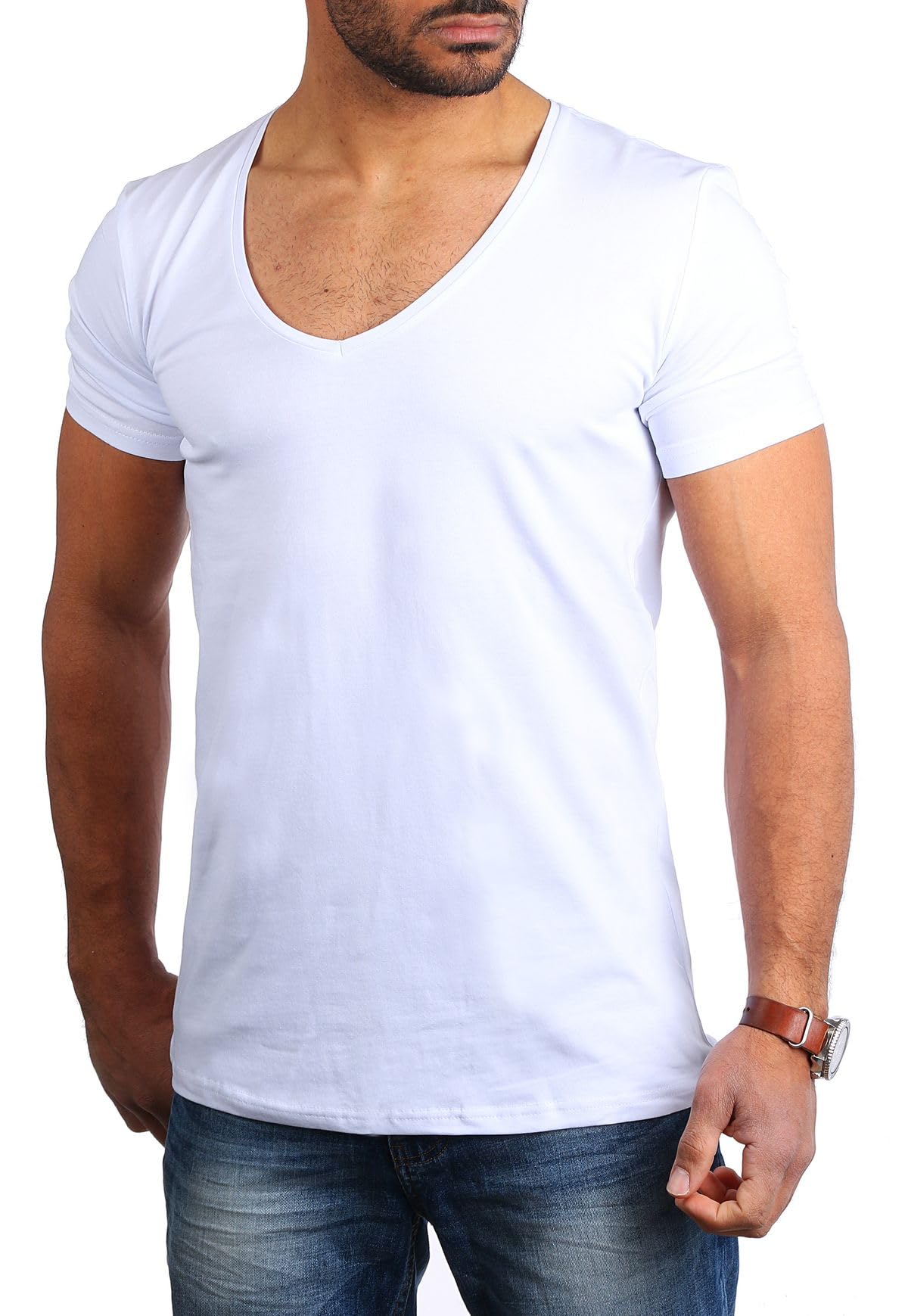 Young & Rich Herren Uni T-Shirt Basic mit extra tiefem V-Ausschnitt Slimfit deep V-Neck Stretch dehnbar 1315