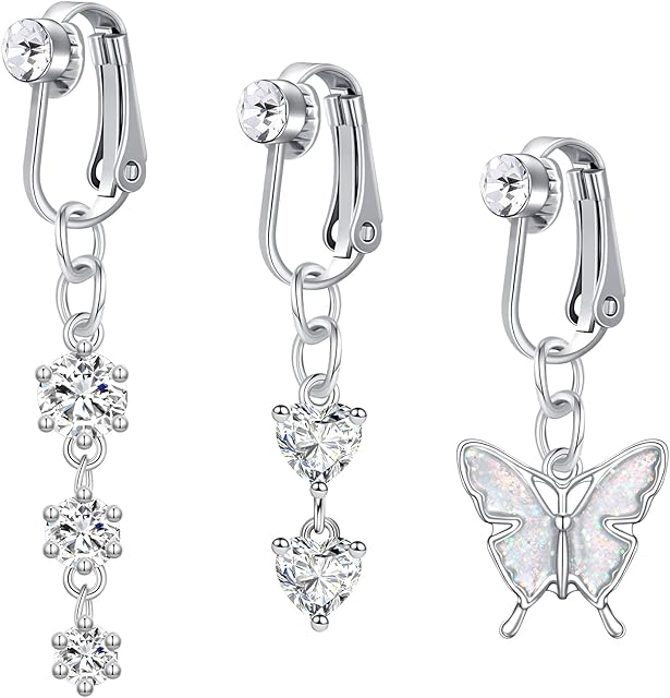 Crdifu 3pcs Clip On Belly Button Rings Non Pierced Fake Navel Bar Piercing Jewellery Heart Butterfly Dangle
