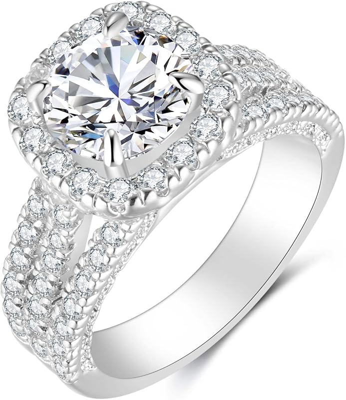 CEJUG 18K White Gold Plated Cubic Zirconia Halo Engagement Promise Eternity Rings for Women Wedding Bands Bridal Ring Set Size 6-10
