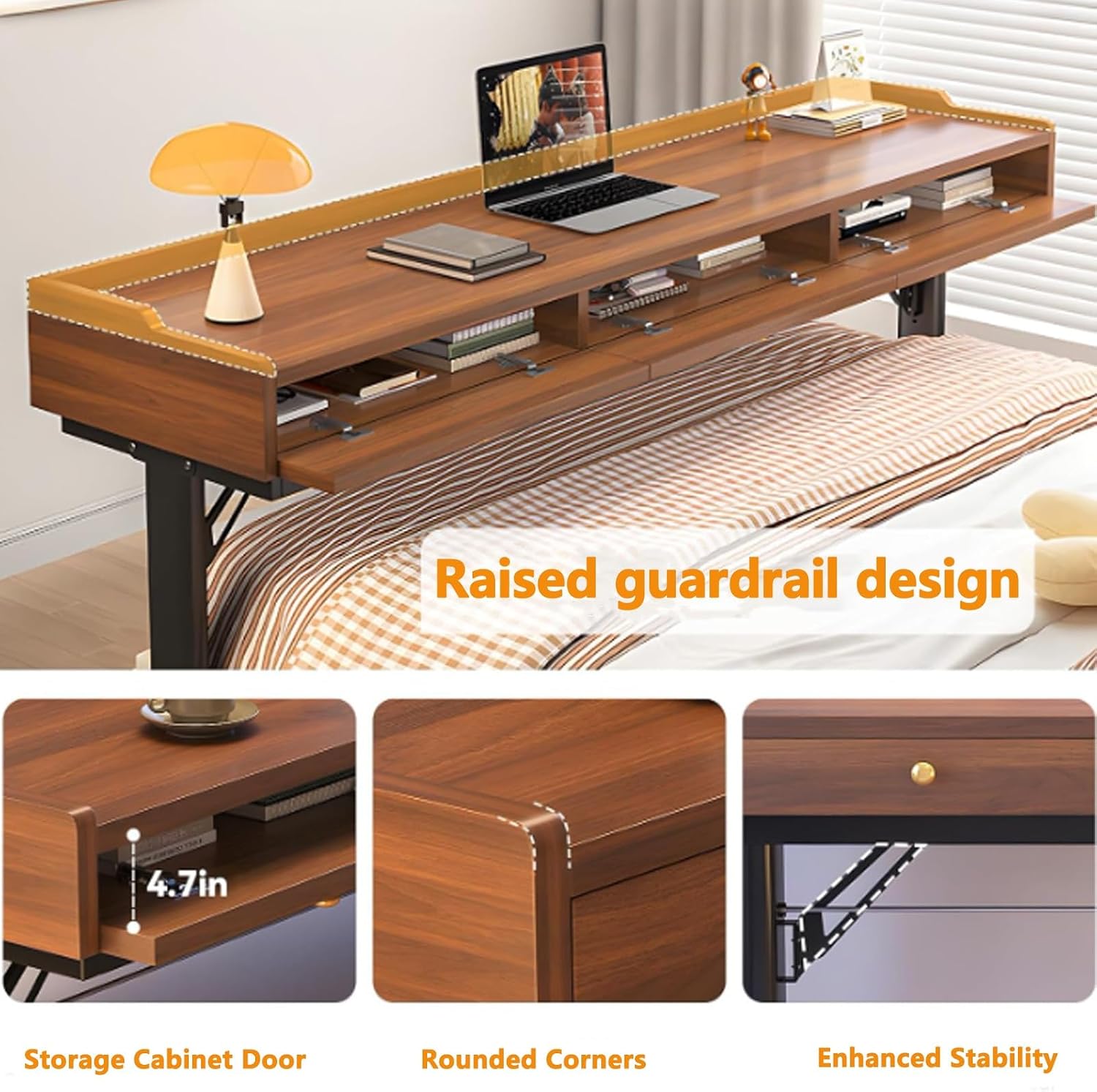 Adjustable Height Overbed Table with Wheels and Hand Crank, Mobile Laptop Cart with Large Capacity Storage, Over Bed Desk Fits Twin/Full/Queen/King Beds(White,130cm/51.1in)
