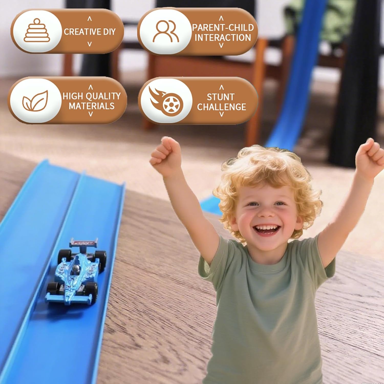 Upgrade 14.7 Ft Flexible Race Car Track, Portable Dual Sided Racetrack with 2 Car & Suction Cups, Compatible with 1/64 Diecast Cars, Classic Long Rolls Up Race Track for Boys Girls