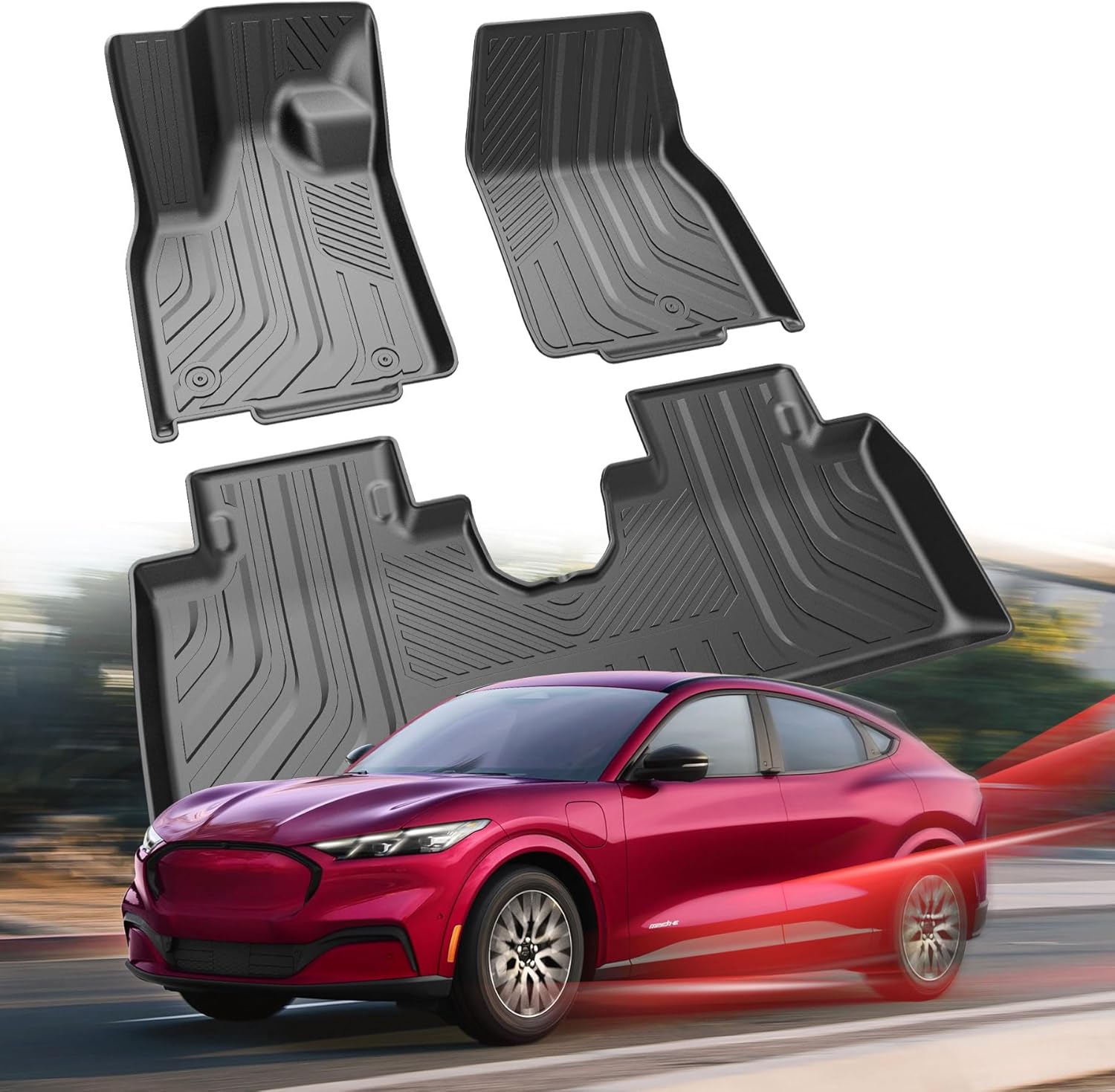 Carbon Fiber Car Floor Mats for Ford Mustang Mach-E (2021-2025) - All Weather TPE Front & 2nd Row