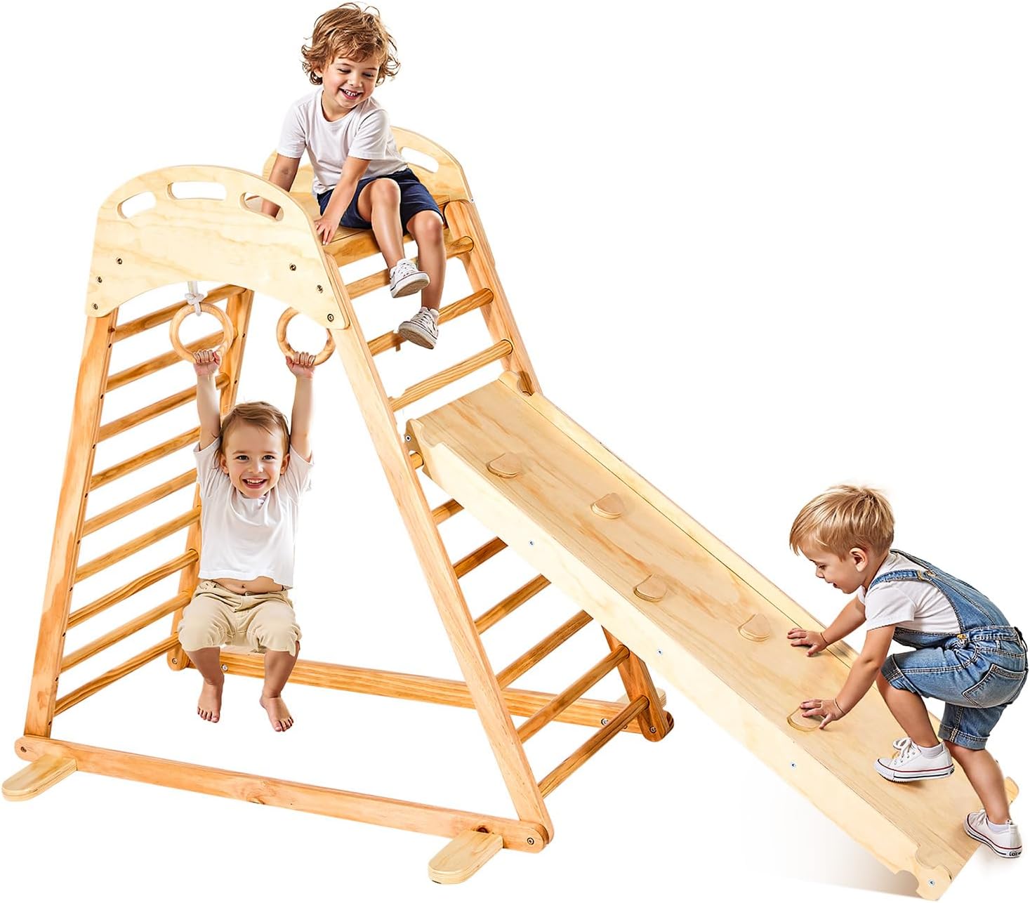 VEVOR Indoor Playground Jungle Gym, 4-in-1 Wooden Indoor Playground Climbing Toys for Kids, Montessori Toddlers Climber Playset with Climbing Rock, Slide, Wooden Ladder & Gym Rings, 220LBS Loading