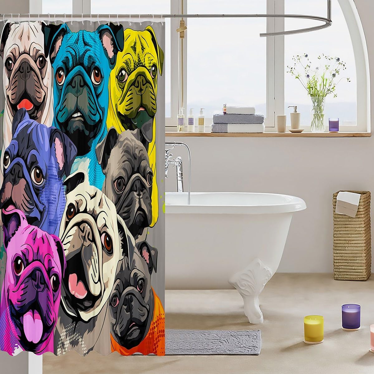 Dogs Printed Bath Curtain Cute Pug Dog Shower Curtain For Kids Boys Girls Cartoon 3D Animal Theme Shower Curtains Set with Hooks Colorful Hippie Pug Puppy Waterproof Fabric Bathroom Decor 72x78 Inch