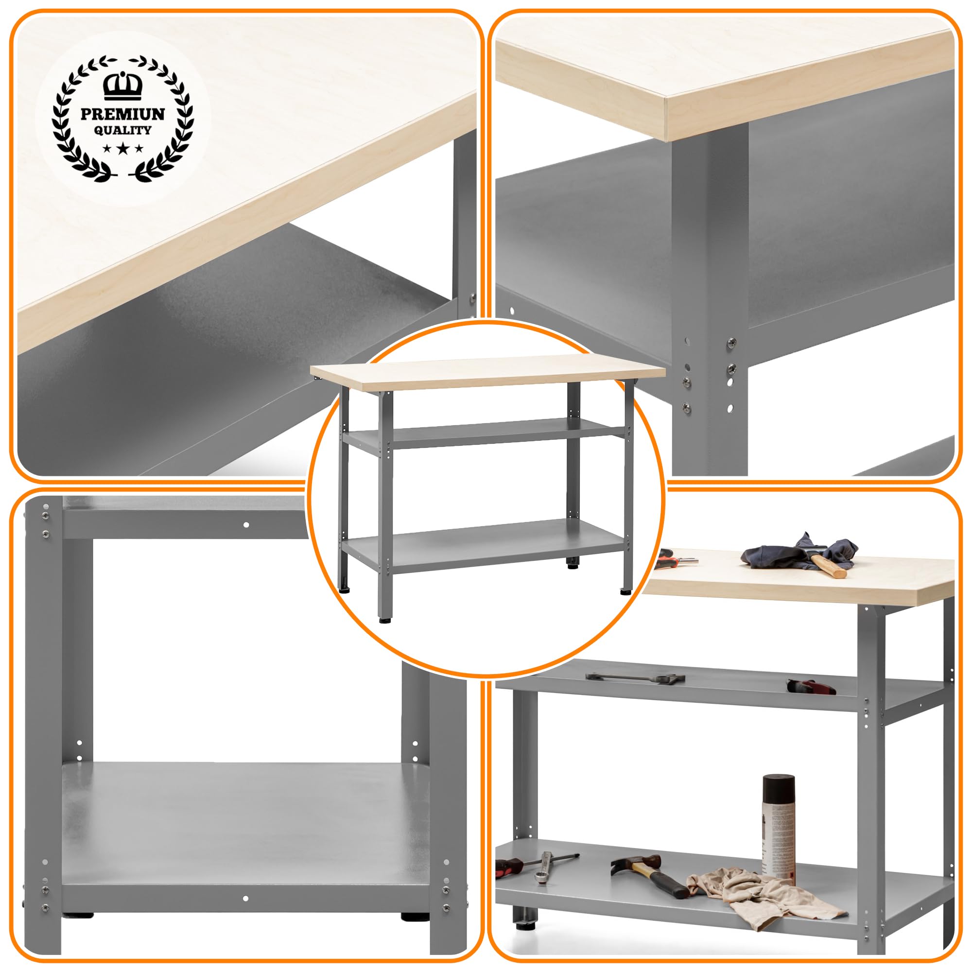 METALLMOBELL - Etabli Atelier Garage | 120x60x84cm, avec Étagères et Pieds Réglables | Table de Travail Bricolage, Établi Atelier, Meuble Garage - MB008G-N