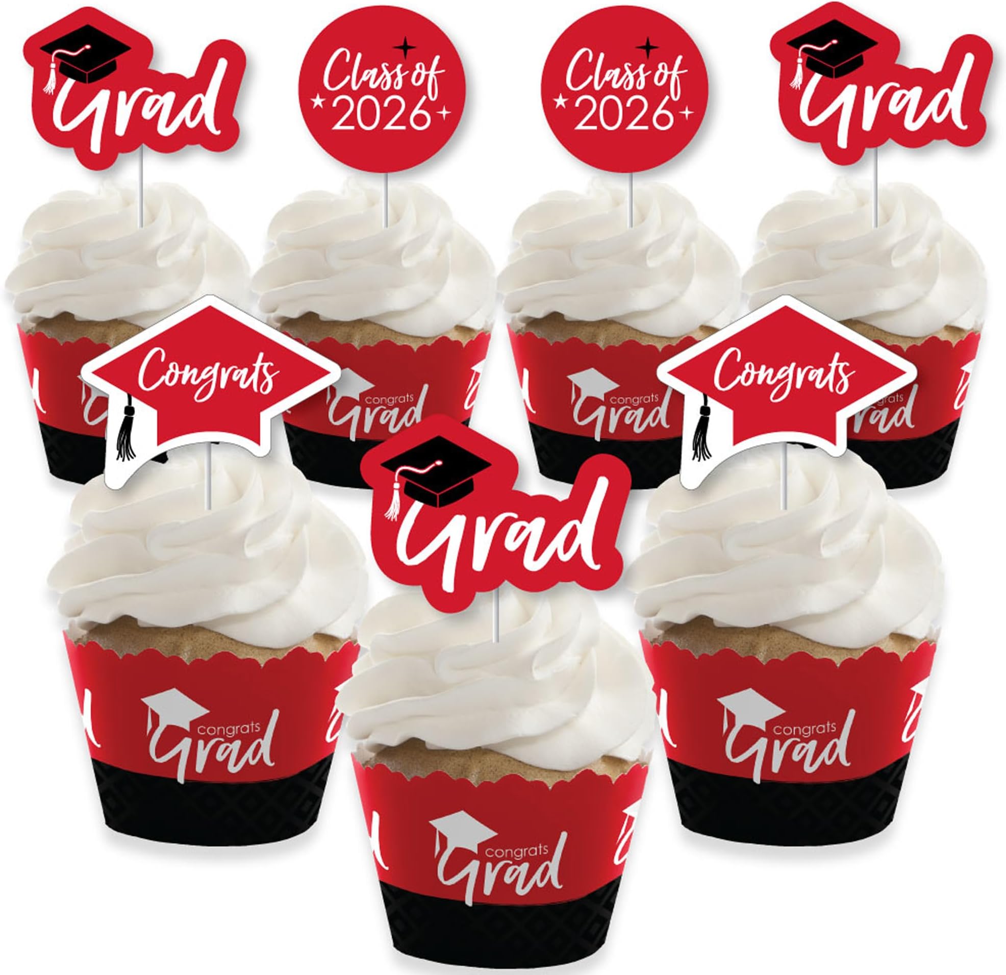 Big Dot of Happiness 2025 Red Graduation Cupcake Decoration - Party Cupcake Wrappers and Treat Picks Kit - Set of 24