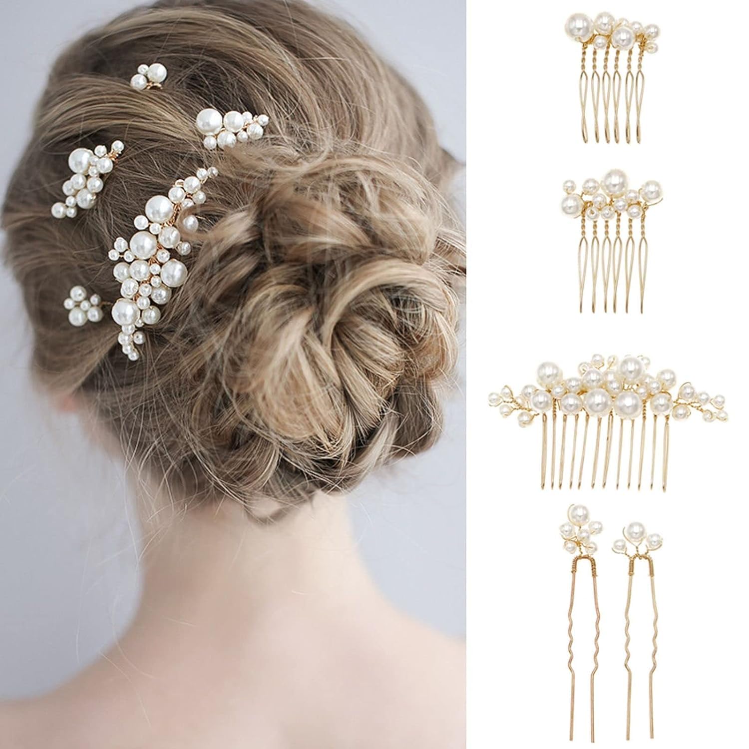 AMZSTRU 5PCS Pearl Bride Hair Comb Set - Gold U Shape Hair Pins, Side Comb, Clip for Wedding - Vintage Headpiece Accessories