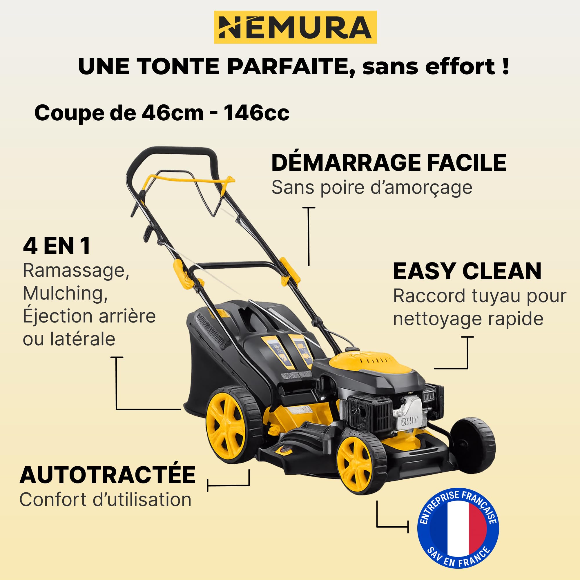 Nemura Tondeuse Thermique Autotractée 146cm3 à Essence pour Pelouse - Fonction Mulching - Hauteur de Coupe 7 Positions - Démarrage Facile - Outillage Jardin - Marque Française