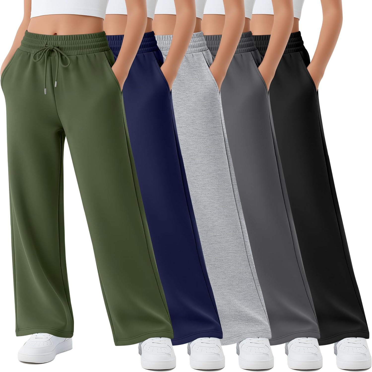 5 Pack Teen Girls Sweatpants Lightweight Wide Leg Kids' Baggy Pants Straight Leg Pant with Pocket Size 5-14