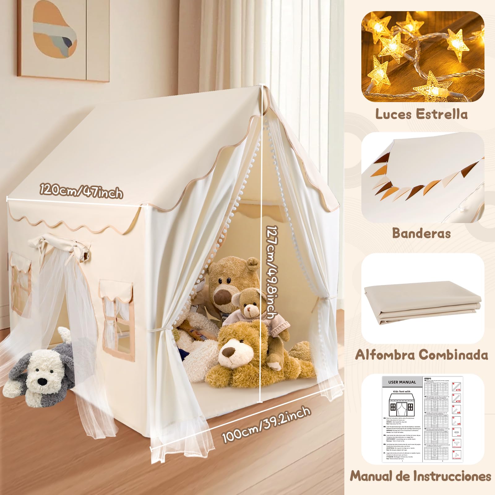 JONRRYIN Tienda Campaña Infantil con 2 Puertas, Cabañas para Niños con Luces Banderas y Bajera, Casitas Infantiles Tela Interior, Ideal Tienda Campaña para Niños Niñas