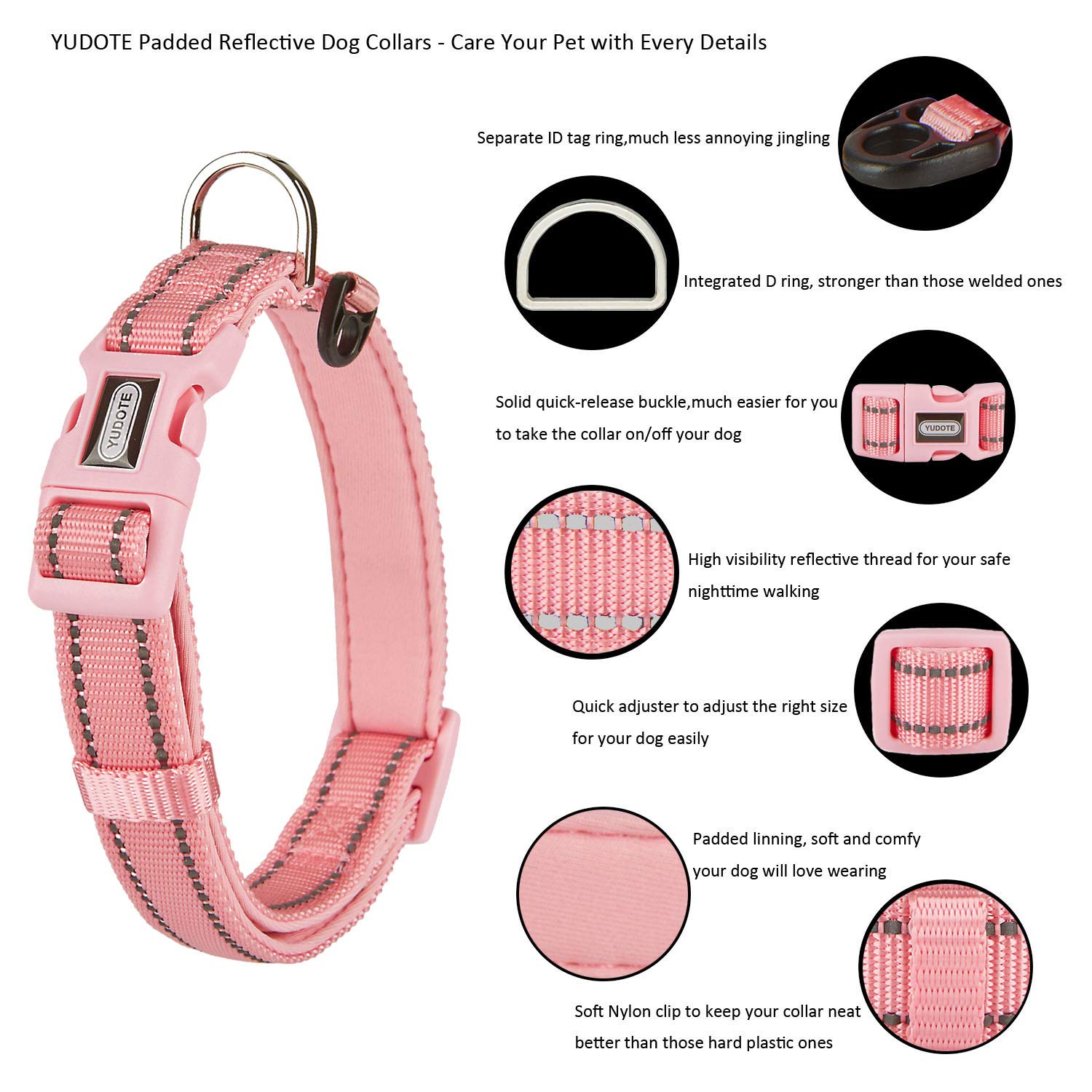 YUDOTE Collare per cani Piccolo e resistente tessuto in nylon riflettente con fodera imbottita in neoprene morbido e confortevole per cani di piccola taglia Uso quotidiano,Rosa pallido