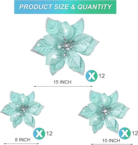 Miniatura 104 de 36 piezas de 3 tamaños de flores artificiales de Navidad con purpurina de Navidad para decoración de árbol de Navidad, Año Nuevo, decoración